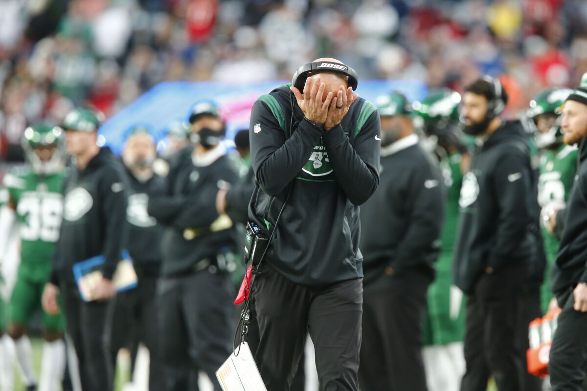 New York Jets head coach Robert Saleh reacts during the second half of an NFL football game against the Tampa Bay Buccaneers, Sunday, Jan. 2, 2022, in East Rutherford, N.J. (AP Photo/John Munson)
