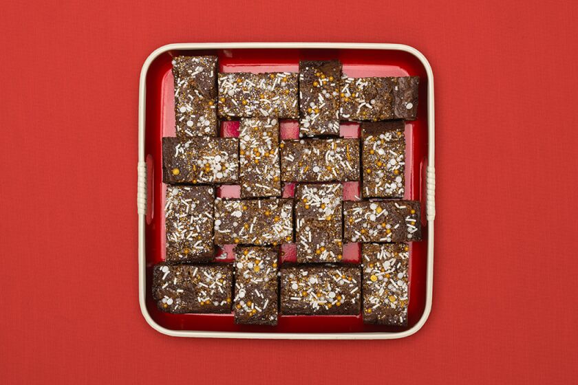 Eggnog Caramel Brownie bar cookies baked by Ben Mims in the Los Angeles Times Test Kitchen on November 16, 2022. (Hannah Mills / For The Times)