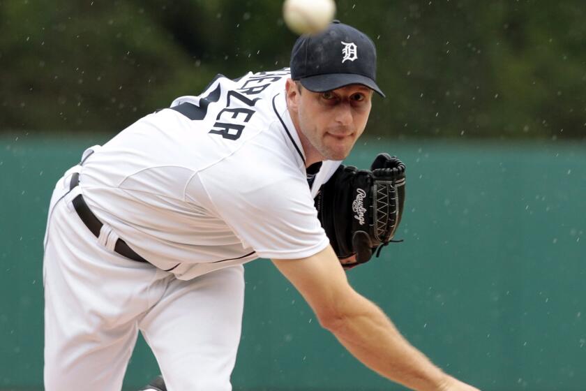 Detroit starter Max Scherzer delivers a pitch during the Tigers' 3-2 win over the Kansas City Royals.