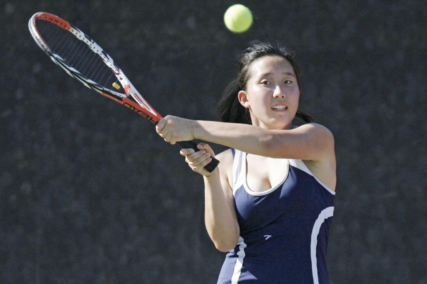 CV's Sarah Oh hits the ball during a match against La Canada at La Canada High School on Wednesday, September 19, 2012.