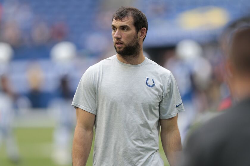 Indianapolis Colts quarterback Andrew Luck watches before an NFL preseason football game against the Chicago Bears, Saturday, Aug. 24, 2019, in Indianapolis. (AP Photo/AJ Mast)