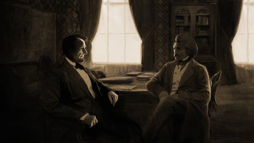 A sketch of Abraham Lincoln and Frederick Douglass in an office at the White House