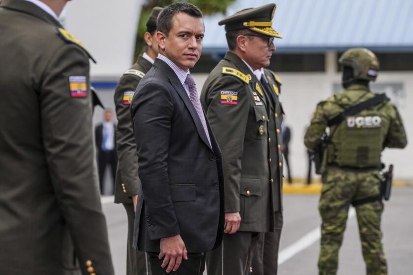 FILE - Ecuador President Daniel Noboa attends a ceremony to deliver equipment to police, at the Gral. Alberto Enriquez Gallo police school in Quito, Ecuador, Jan. 22, 2024. Ecuadorians head to the polls Sunday, April 21, 2024, in a referendum touted by Noboa as a way to crack down on criminal gangs behind a spiraling wave of violence. (AP Photo/Dolores Ochoa, File)