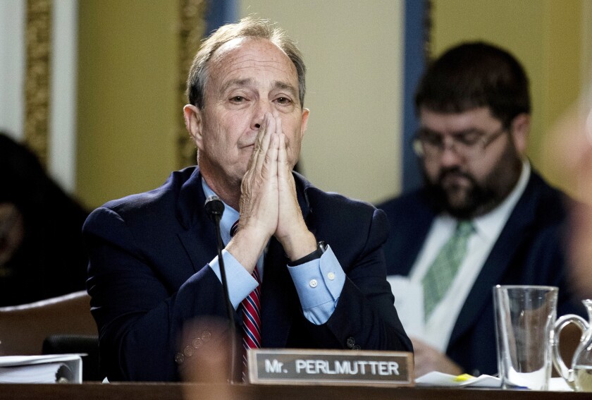 FILE- Rep. Ed Perlmutter, D-Colo., listens during a House Rules Committee hearing on the impeachment against President Donald Trump, Dec. 17, 2019, on Capitol Hill in Washington. Perlmutter on Monday announced he won't seek re-election in a competitive district in Denver's western suburbs, making him the 27th Democrat to retire from the House before an election cycle that's expected to be difficult for their party. (Anna Moneymaker/The New York Times via AP, Pool, File)
