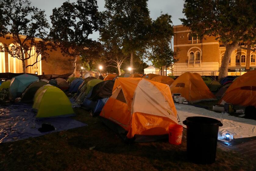 Tents were set up by pro-Palestine protest encampment in Alumni Park on the campus of the University of Southern California on Saturday May 4, 2024.