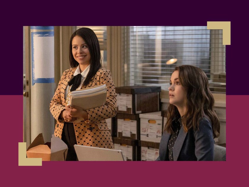 Cierra Ramirez and Maia Mitchell look at something off-camera in a scene from the show "Good Trouble."