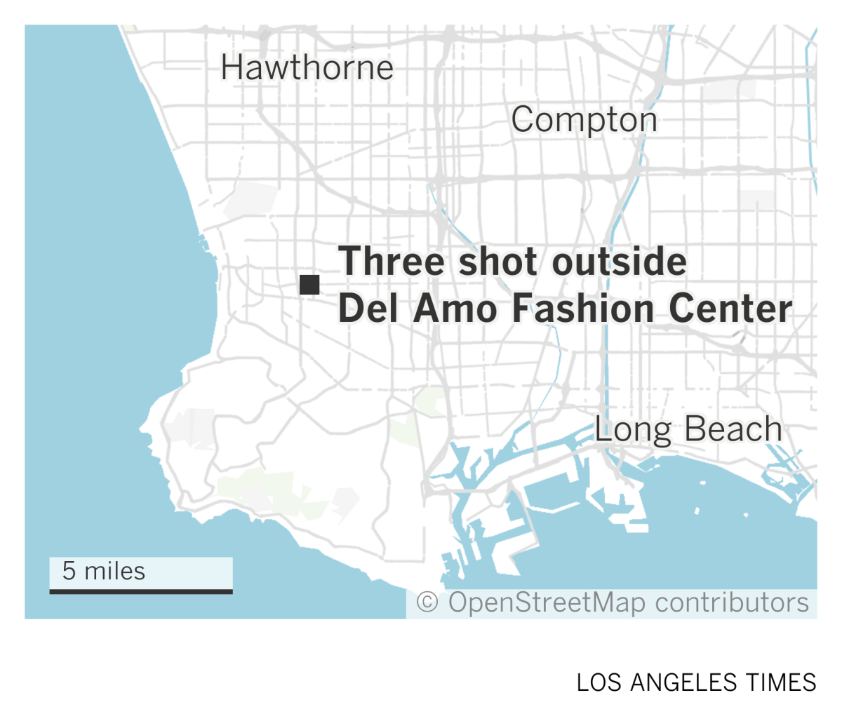 A map of the South Bay area showing where three people were shot outside a Torrance mall