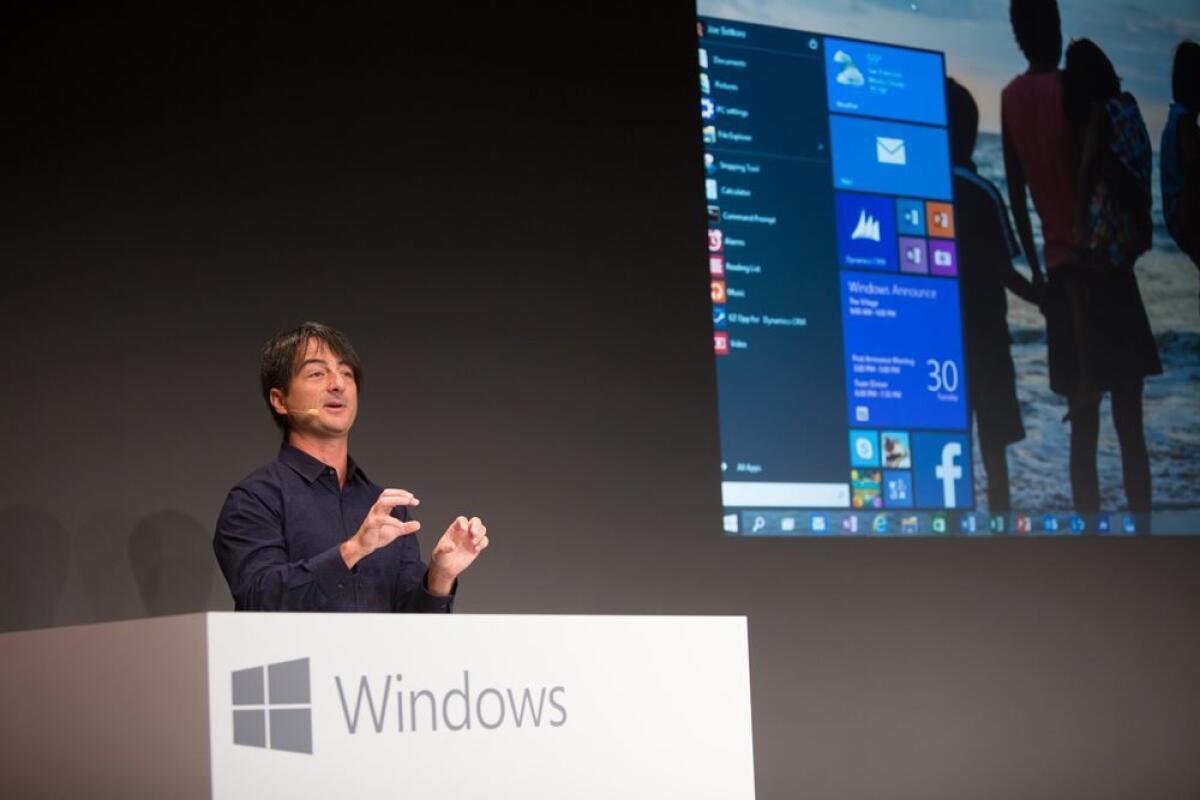 Joe Belfiore, Microsoft corporate vice president of the operating systems group, provides an early look at the Windows 10 Start menu during a preview event in San Francisco.