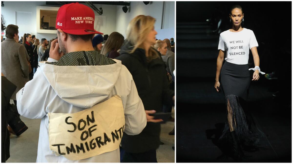 Michael Tommasiello makes a statement at the J. Crew presentation, left; the final message T-shirt in a torrent of feminist-themed tees at Prabal Gurung's show, right.