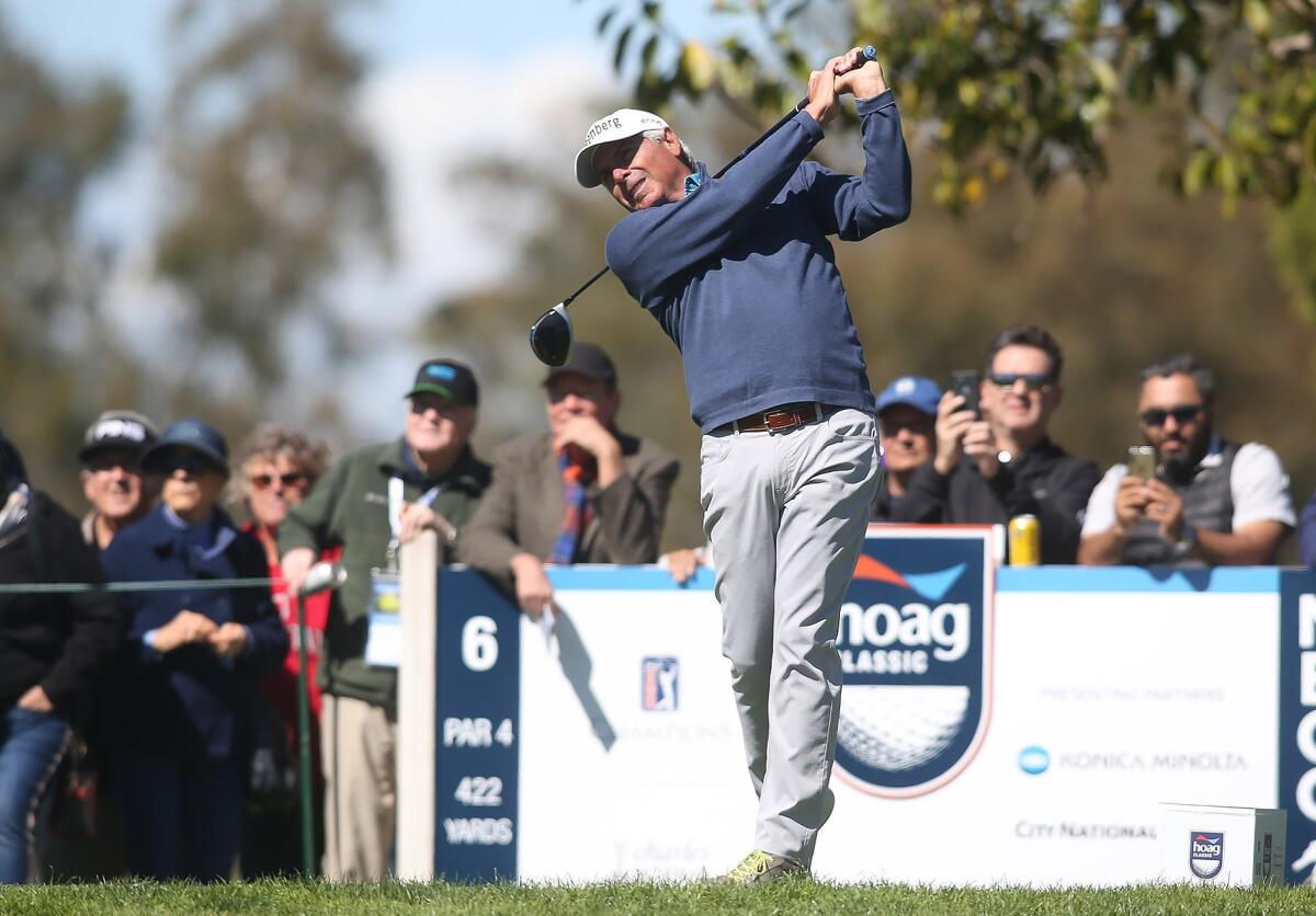 Crowd favorite Fred Couples hits a drive down the sixth hole fairway during the first round of the Hoag Classic at Newport Beach Country Club on Friday.