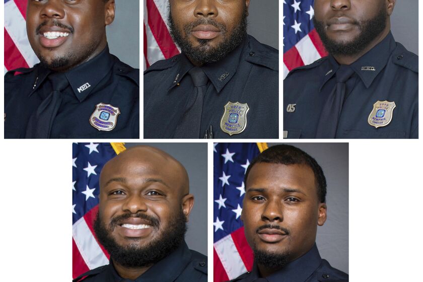 FILE - This combination of images provided by the Memphis Police Department shows, from top row from left, officers Tadarrius Bean, Demetrius Haley, Emmitt Martin III, bottom row from left, Desmond Mills, Jr. and Justin Smith. Documents released Tuesday, Feb. 7, 2023, provided a scathing account of what authorities called the “blatantly unprofessional” conduct of these five officers involved in the fatal police beating of Tyre Nichols during a traffic stop last month — including new revelations about how Haley took and shared pictures of the bloodied victim. The five officers have all been fired and charged with second-degree murder. (Memphis Police Department via AP, File)