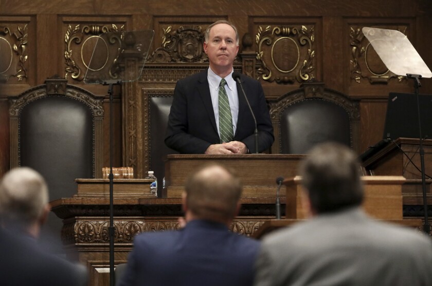 FILE - Members of the Assembly applaud Wisconsin Assembly Speaker Robin Vos, R-Rochester, as he speaks at the Wisconsin State Capitol in Madison, Wis., Tuesday, Jan. 12, 2021. Vos, told The Associated Press in an interview Friday, Jan. 7, 2022, there is "zero chance" the GOP-controlled Legislature will take over awarding the state's 10 presidential elector votes in 2024, even as Democrats worry that is their goal. (Amber Arnold/Wisconsin State Journal via AP, File)