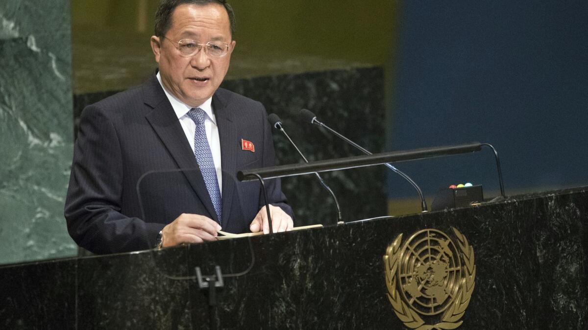 North Korean Foreign Minister Ri Yong Ho addresses the 73rd session of the United Nations General Assembly on Saturday.