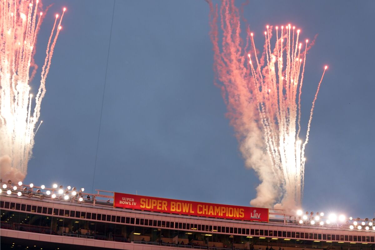 The Kansas City Chiefs' Super Bowl banner is unveiled before an NFL football game between the Chiefs and the Houston Texans Thursday, Sept. 10, 2020, in Kansas City, Mo. (AP Photo/Jeff Roberson)
