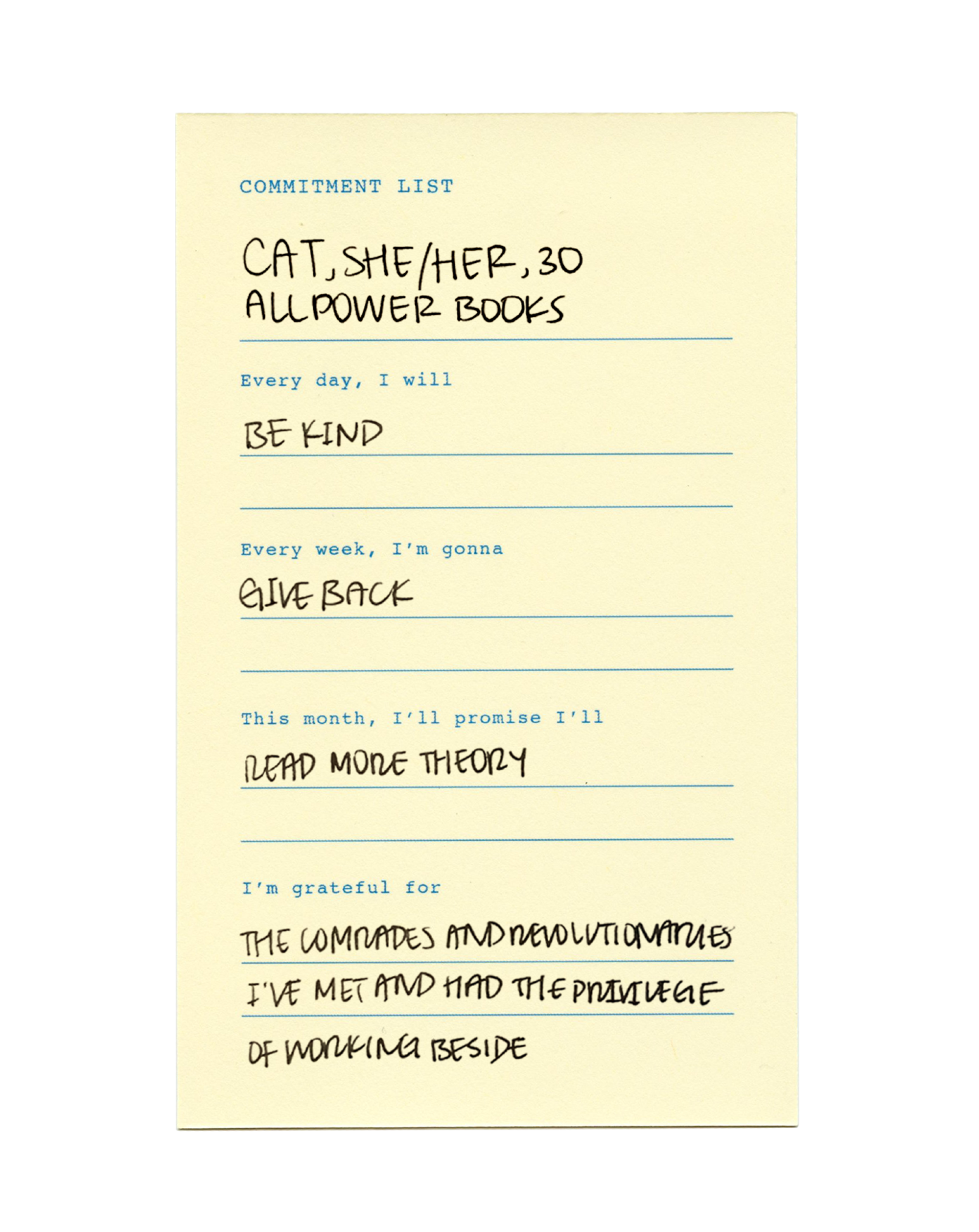 A commitment list from Cat at All Power Books includes an intention to read more theory.