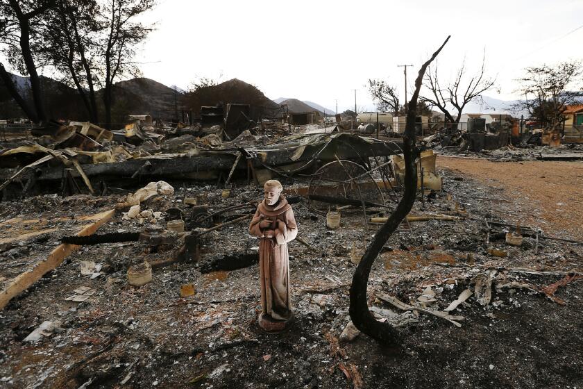 A religious icon stands in the charred remains of a neighborhood in South Lake.