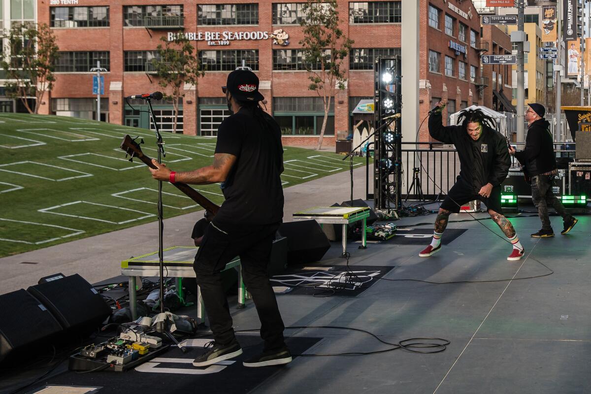 P.O.D (Payable on Death) performs in front of the cameras to a mostly empty audience at Petco Park on April 14, 2021.