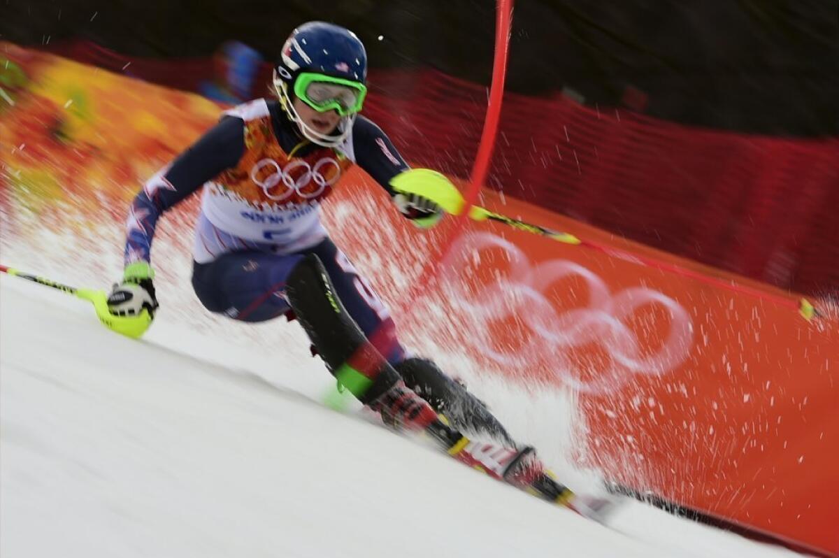 Mikaela Shiffrin makes her first slalom run at the Sochi Olympics.