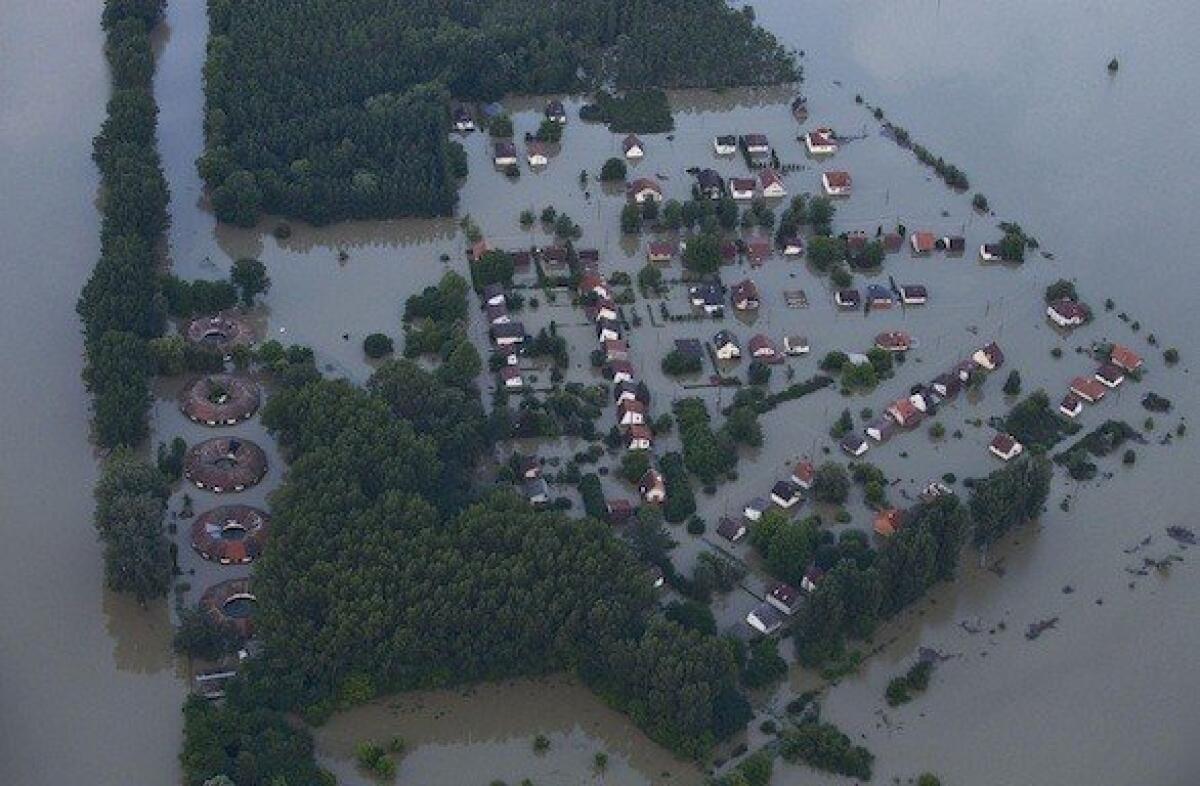 An aerial view Tuesday of the flooding caused by the Danube River at Baja, Hungary, about 100 miles south of Budapest.