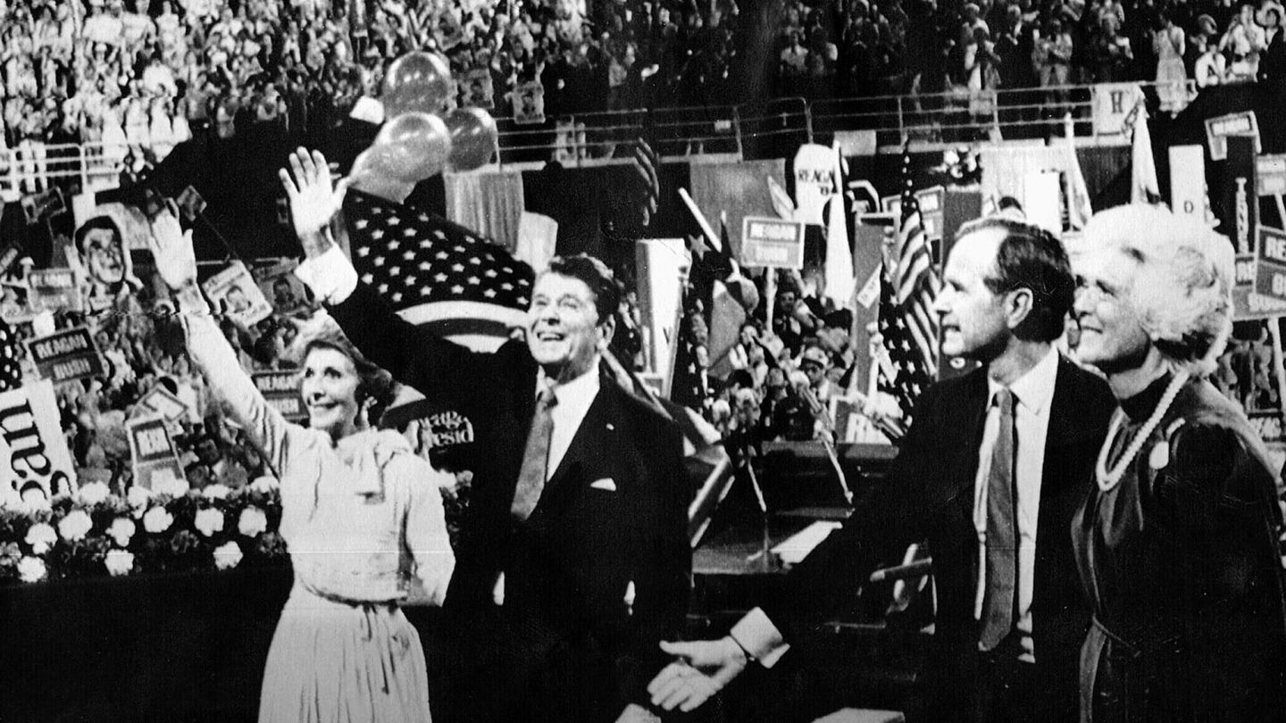 Nancy and Ronald Reagan, with running mate George H.W. Bush and his wife, Barbara, are cheered by delegates at the Republican National Convention in July 1980. "Reagan knew where he wanted to go, but she had a better sense of what he needed to do to get there," biographer Lou Cannon said of Nancy Reagan.