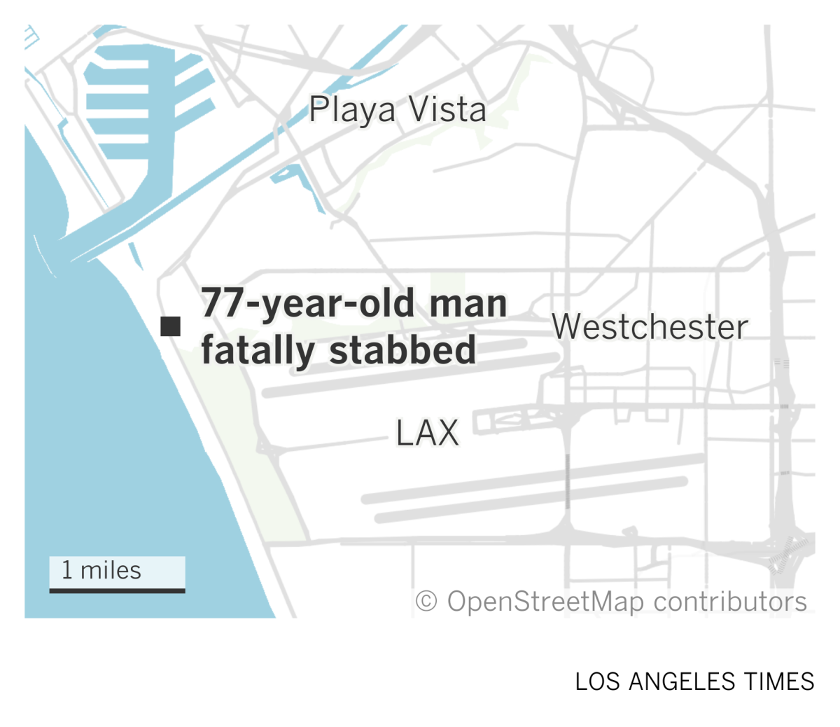 A map of the area around Los Angeles International Airport showing where a 77-year-old man was stabbed in Playa del Rey