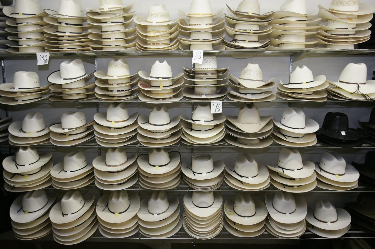 A Wyoming sheriff, saying his force needed a more uniform look, has banned the wearing of cowboy hats on the job. These examples of western head gear are from the Hatco company in Garland, Texas.