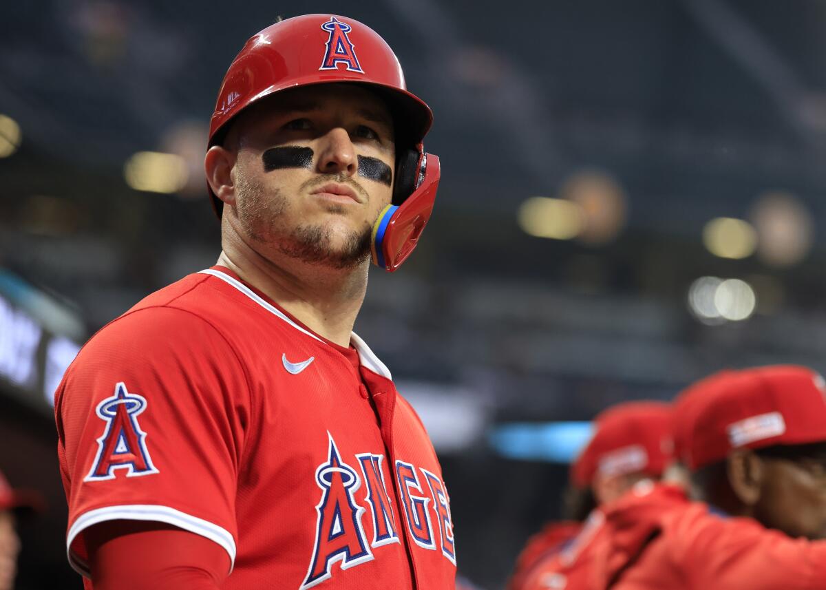 Angels star Mike Trout prepares to bat during the first inning of a 2-0 loss to the Baltimore Orioles.