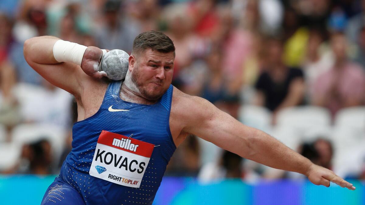 Joe Kovacs of Bethlehem, Pa., competes in the shotput during the IAAF Diamond League Anniversary Games meet in Stratford, east London, on July 23.