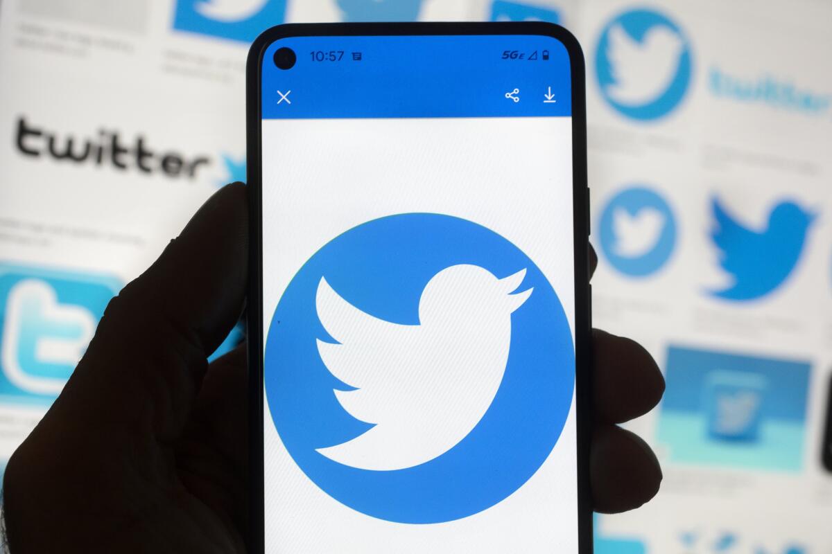 The Twitter logo is seen on a cell phone.