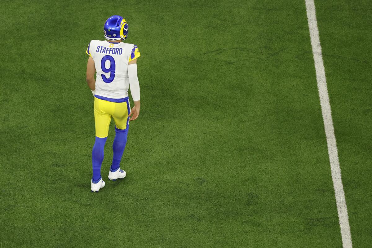 Los Angeles Rams quarterback Matthew Stafford (9) leaves the field
