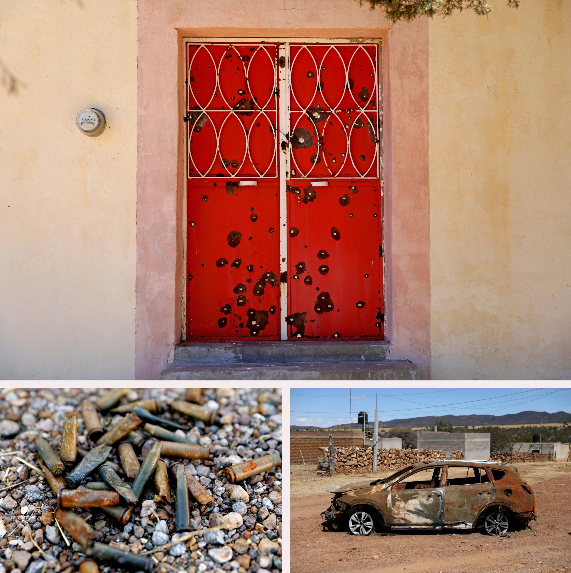 Three separate images show a bullet ridden door of an abandoned house, bullet casings on a roadway, a burned vehicle.