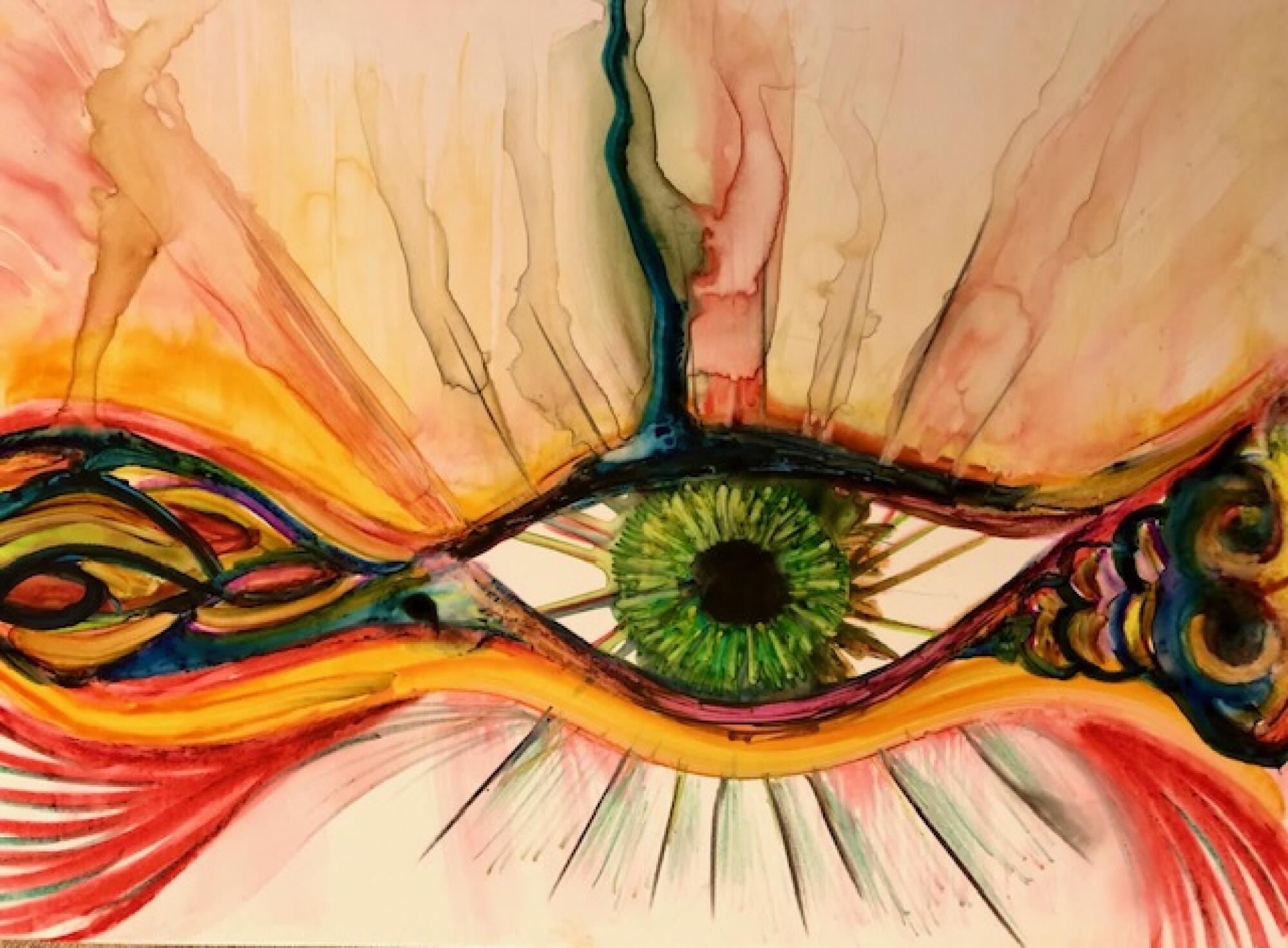 An art work with a green eye at the center