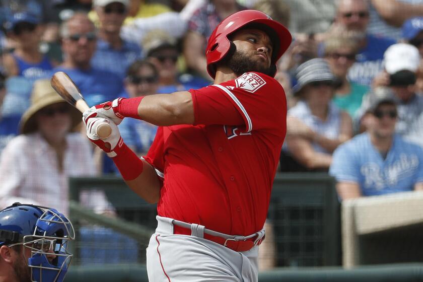 Angels prospect Jose Rojas hits against the Kansas City Royals during an exhibition game in March.