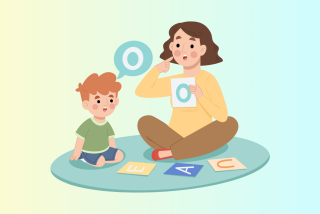 Illustration of a speech language pathologist and a child.