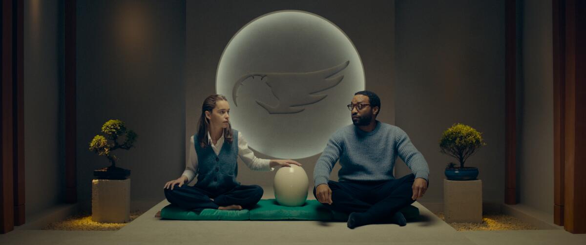 A woman and a man sit with a plastic egg-shaped object between them.