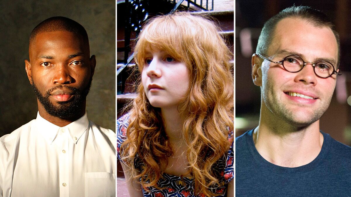 From left, playwrights Tarell Alvin McCraney, Annie Baker and Samuel D. Hunter.