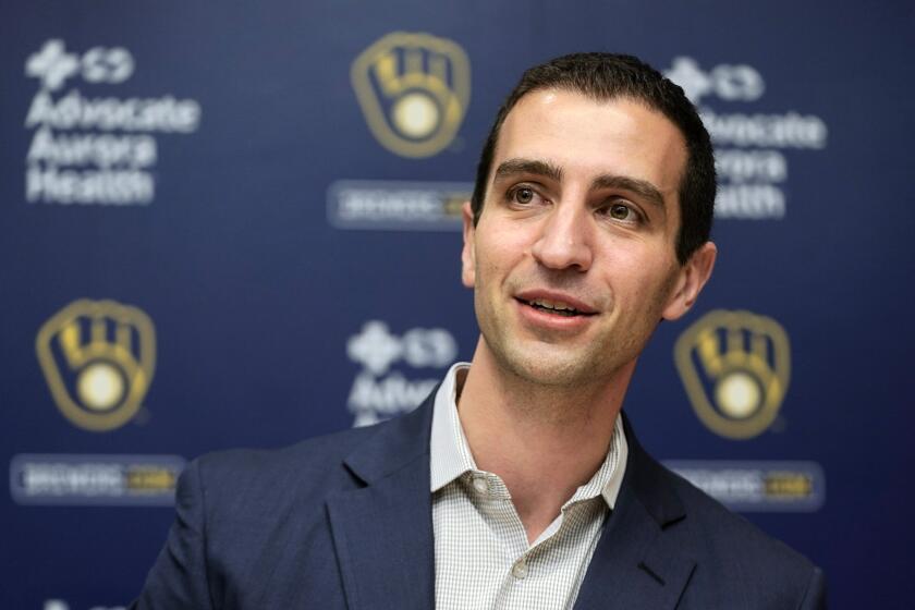 FILE - Milwaukee Brewers President of Baseball Operations David Stearns talks about stepping down from that role during a news conference Thursday, Oct. 27, 2022, in Milwaukee. Stearns has agreed to become president of baseball operations for the underperforming New York Mets, according to several reports, Tuesday, Sept. 12, 2023. (AP Photo/Morry Gash, File)