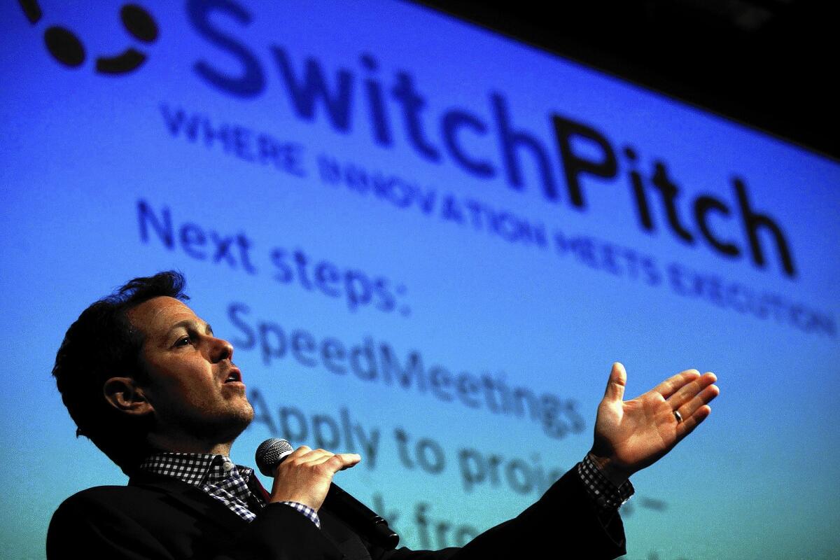 SwitchPitch founder Michael Goldstein addresses the crowd during the event at UCLA in May. Boeing Co., Warner Bros. and Experian were among companies that pitched projects to start-ups.