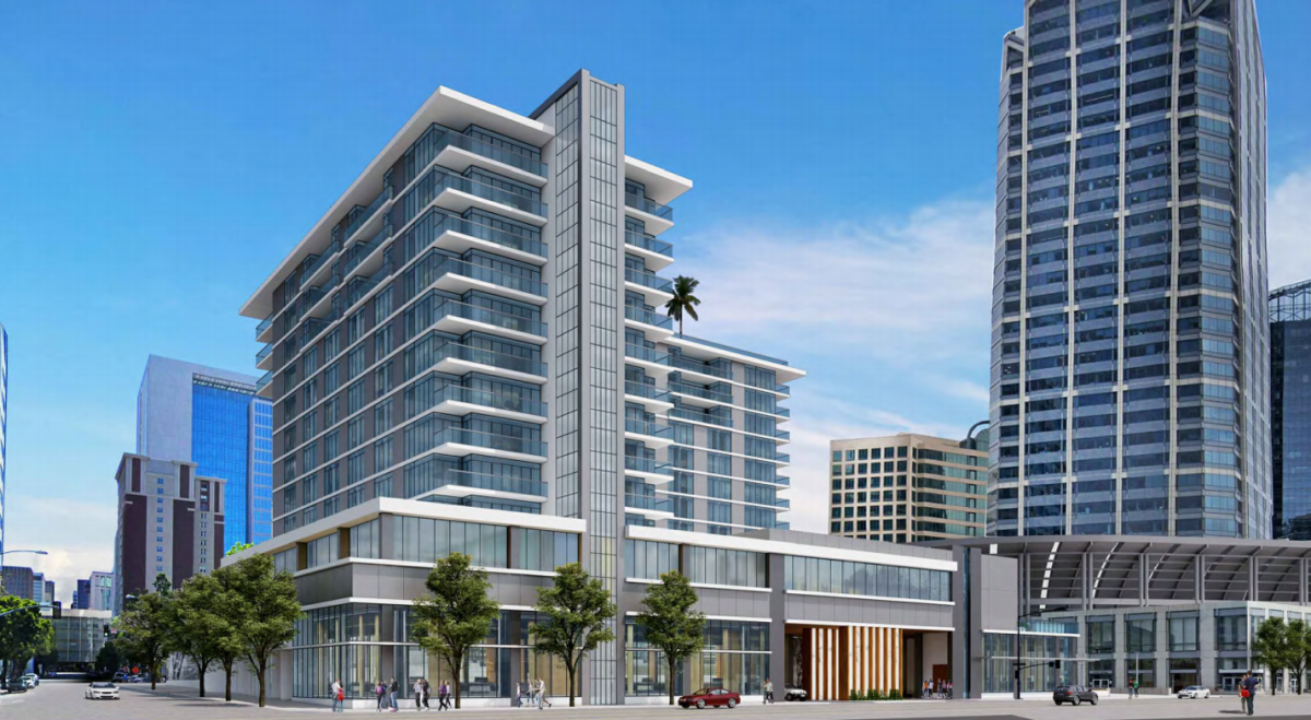Two America Plaza is a proposed mixed-use development across from the Santa Fe Depot. The 13-story project would include 301 hotel rooms, 48 condos, 23,300-square feet of commercial space and 179 parking spaces.