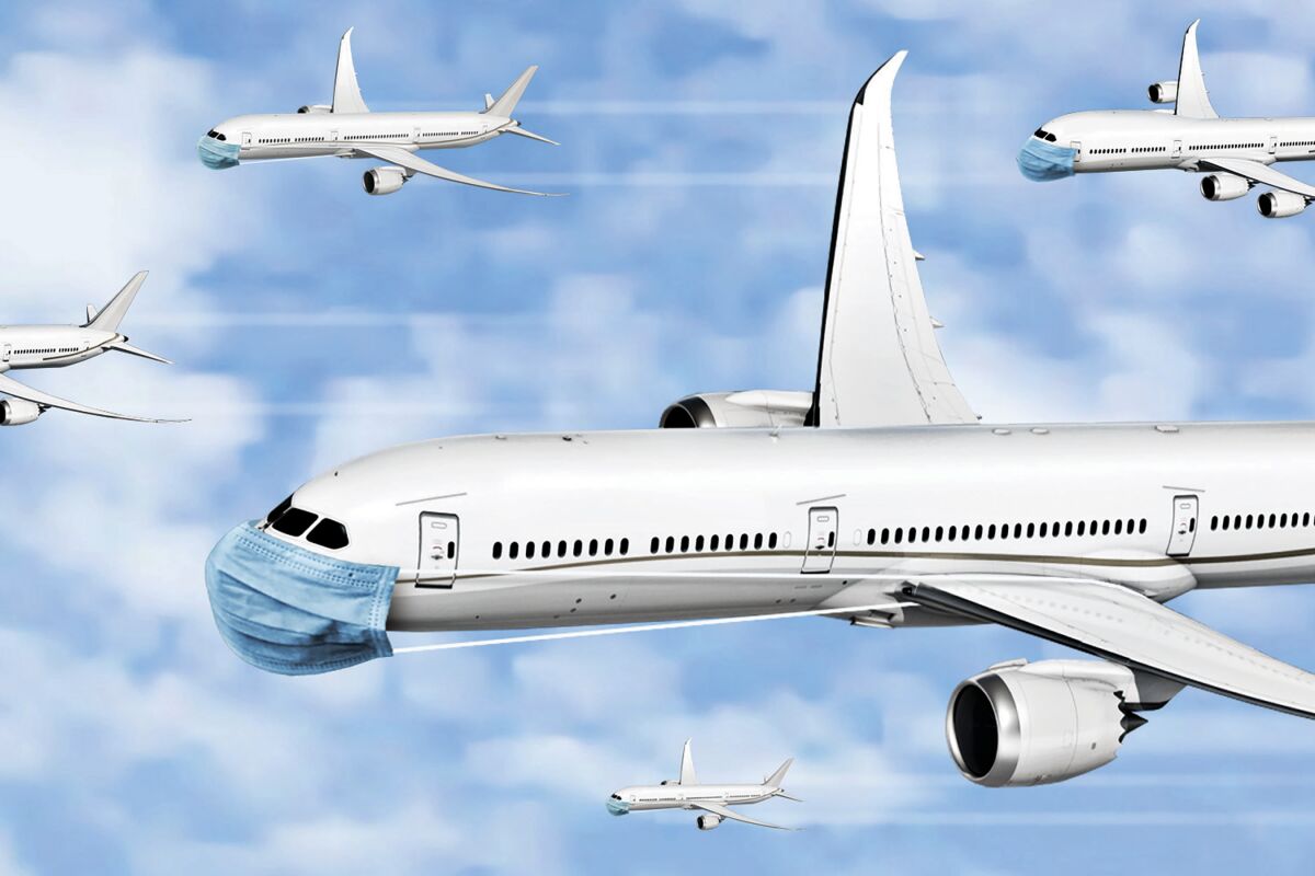 An illustration of several flying airplanes with medical masks over their noses