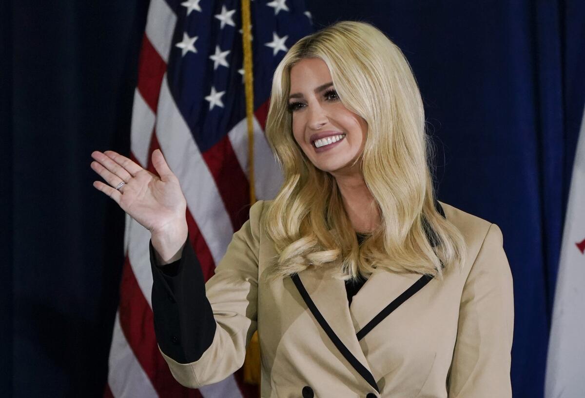 Ivanka Trump waves to supporters during a campaign event in 2020.