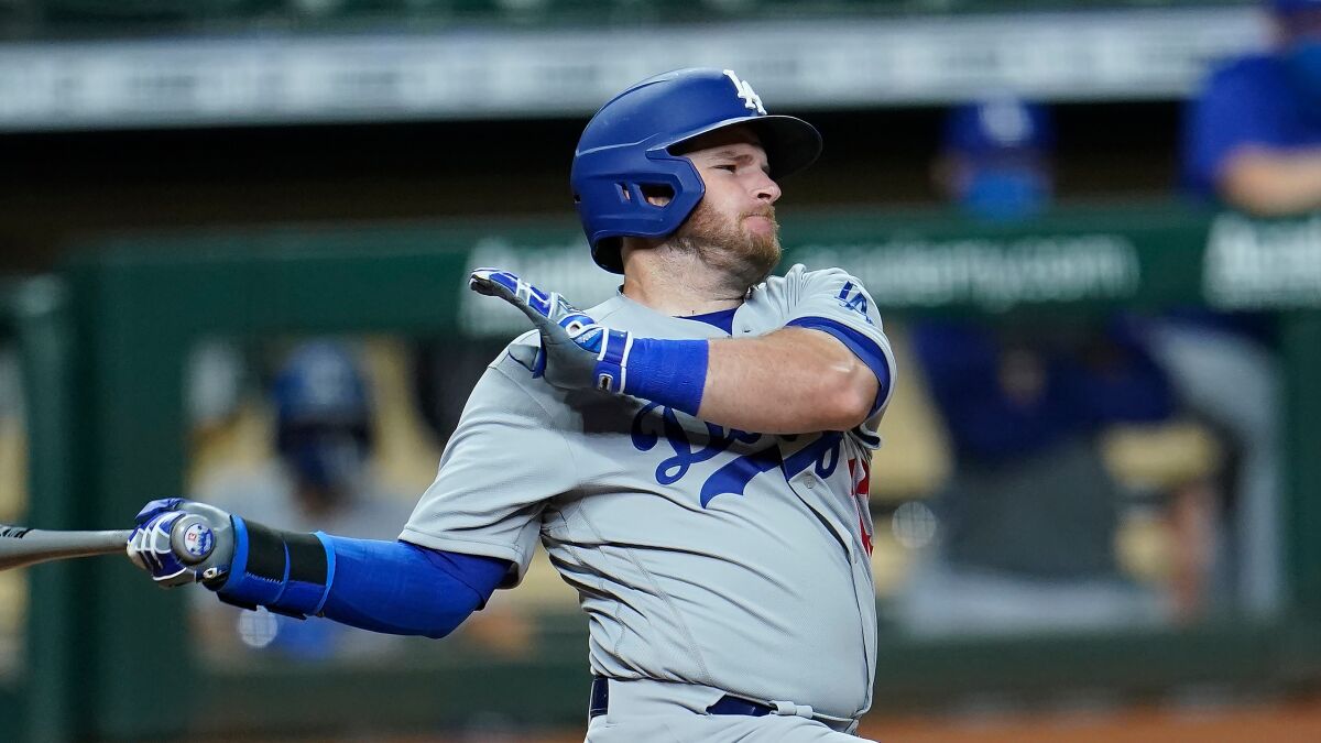 The Los Angeles Dodgers' Max Muncy bats against the Houston Astros on July 28, 2020.
