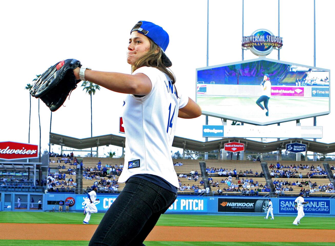 Photo Gallery: Olympian Kate Hansen throws out first pitch of Dodger game