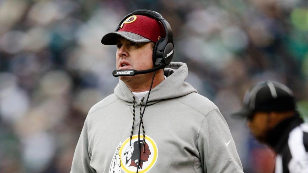 Redskins Coach Jay Gruden looks on during a game against the Philadelphia Eagles on Dec. 11.