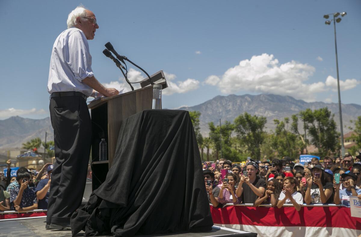 Democratic presidential candidate Sen. Bernie Sanders (I-Vt.) speaks during a campaign rally in Cathedral City on Wednesday, May 25, 2016.