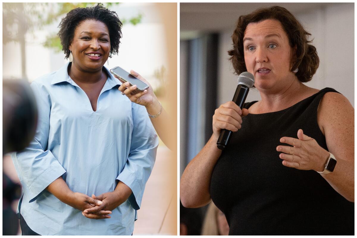 Stacey Abrams, left, talks into a recorder; Katie Porter holds a microphone while speaking