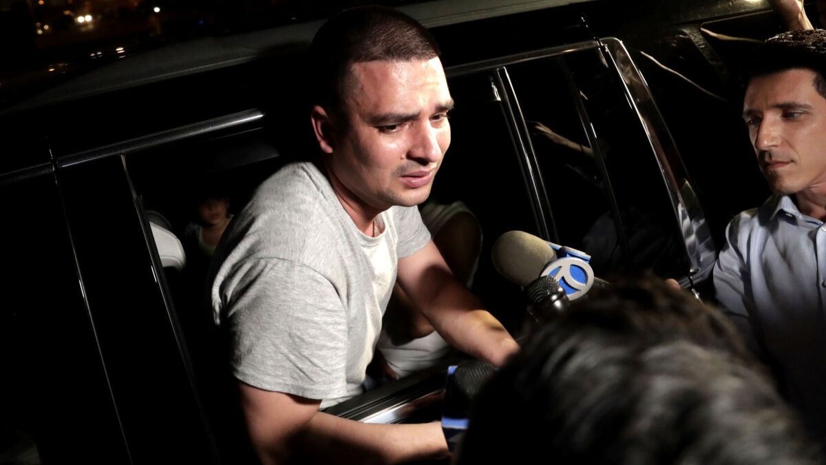 Pablo Villavicencio talks to reporters after being released July 24.