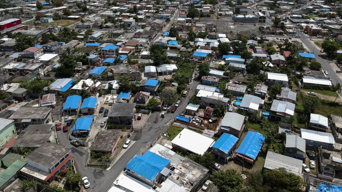 An aerial view of the hurricane-damaged Amelia neighborhood in San Juan, Puerto Rico, in June 2018.