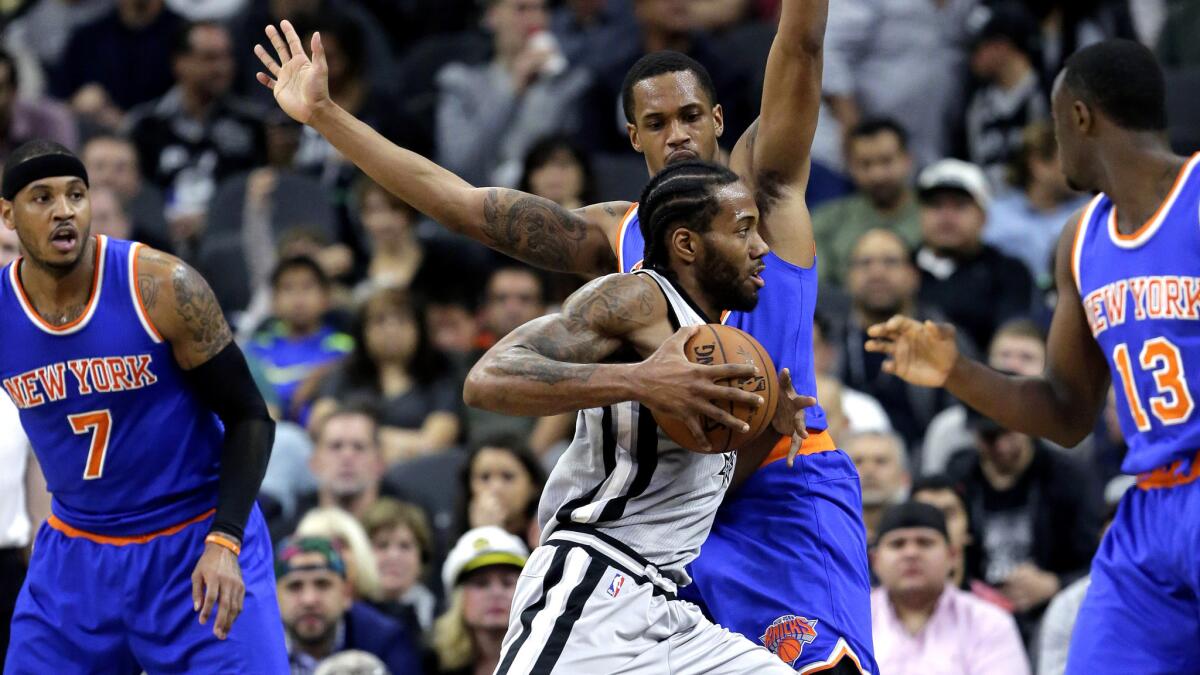 Spurs forward Kawhi Leonard, driving against the Knicks on Jan. 8, will likely be defended by Kobe Bryant.