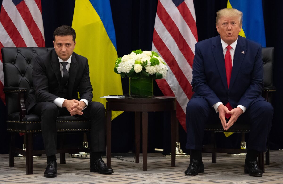 Ukrainian President Volodymyr Zelensky and President Trump speak on the sidelines of the United Nations General Assembly.